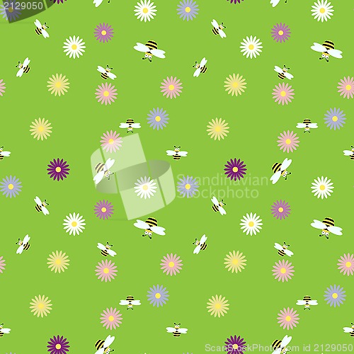 Image of seamless background with bees and flowers, vector illustration