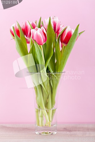 Image of pink and white tulips present ribbon easter birthday