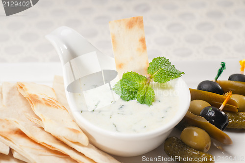 Image of Greek Tzatziki yogurt dip and pita bread