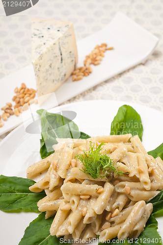 Image of Italian pasta penne gorgonzola and pine nuts