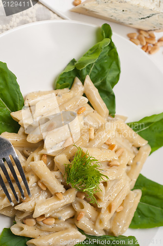 Image of Italian pasta penne gorgonzola and pine nuts
