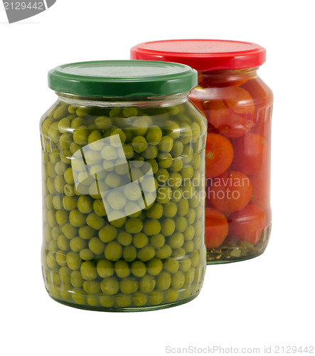 Image of natural pease tomatoes vegetable canned glass pot 