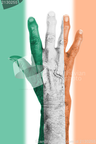 Image of Old hand with flag, European Union, Ireland