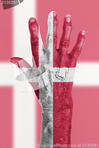 Image of Old hand with flag, European Union, Denmark