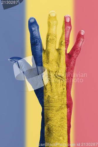Image of Old hand with flag, European Union, Romania