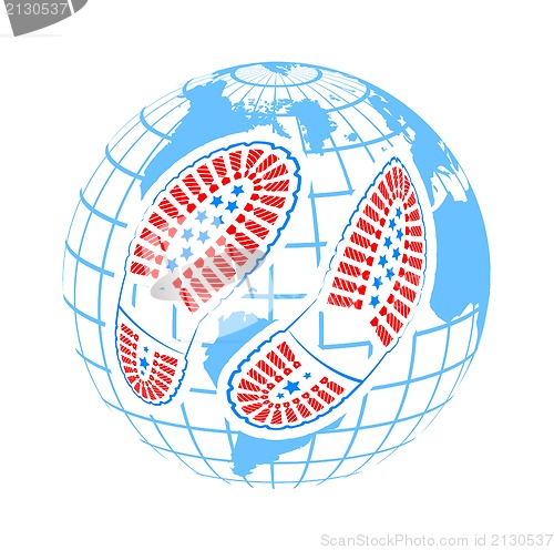 Image of illustration of pair of foot prints around globe