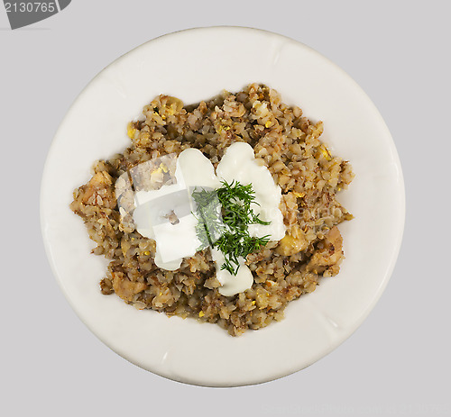 Image of Buckwheat porridge with sour cream and dill