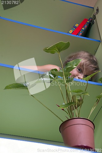 Image of playful kid hiding behind the plant on a shelf