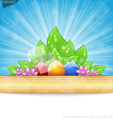 Image of Easter background with colorful eggs, leaves, flowers