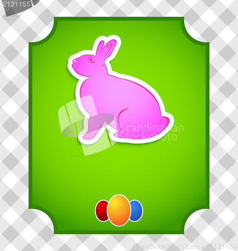 Image of Easter card with colorful rabbit and eggs 