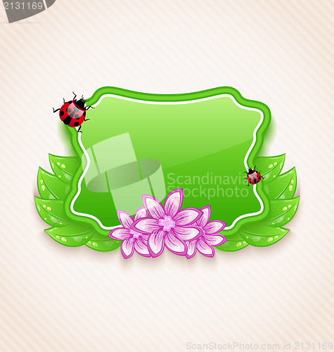 Image of Cute spring card with flower, leaves, lady-beetle