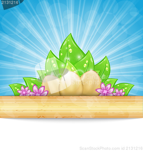 Image of Easter background with eggs, leaves, flowers