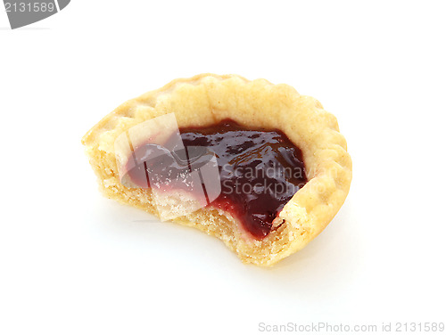 Image of One jam tart with a bite taken
