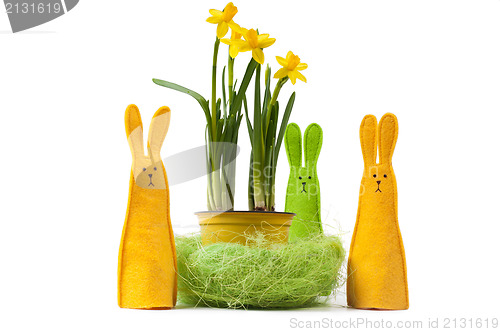 Image of Yellow narcissus in the pot and three bunnies