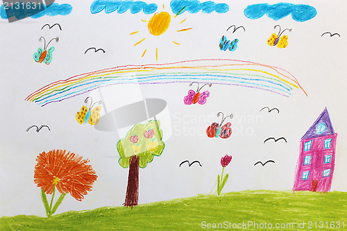 Image of Children's drawing with butterflies and flowers