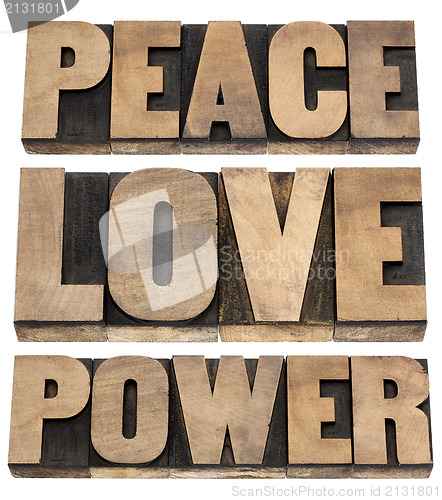 Image of peace, love, power words