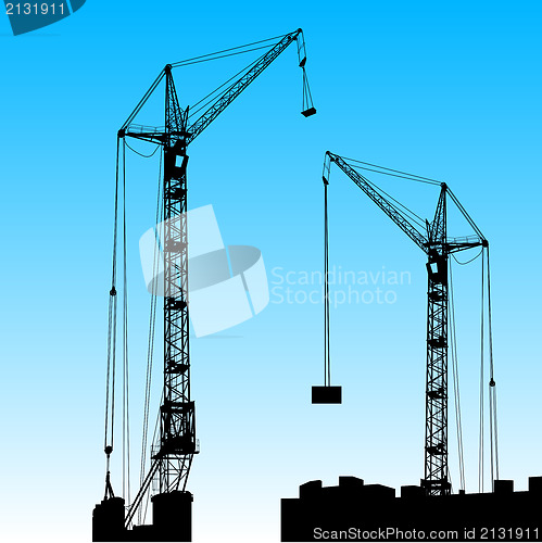 Image of Silhouette of two cranes working on the building. Vector illustr