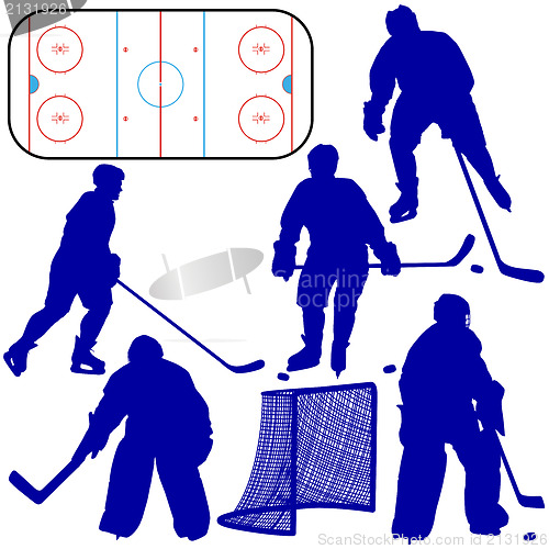 Image of Set of silhouettes of hockey player. Isolated on white. Vector  