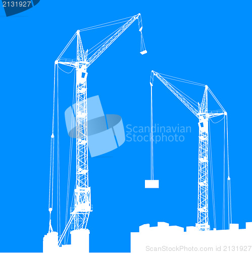 Image of Silhouette of two cranes working on the building. Vector illustr