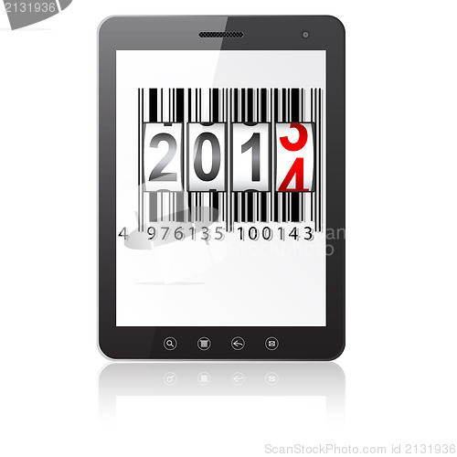 Image of Tablet PC computer with 2014 New Year counter, barcode isolated 