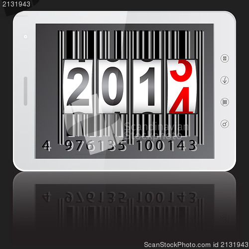 Image of White tablet PC computer with 2014 New Year counter, barcode iso
