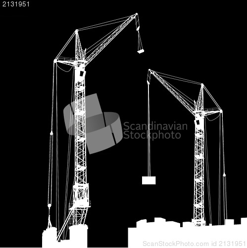 Image of Silhouette of two cranes working on the building. Vector illustr