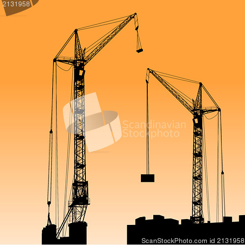 Image of Silhouette of two cranes working on the building. Vector illustr