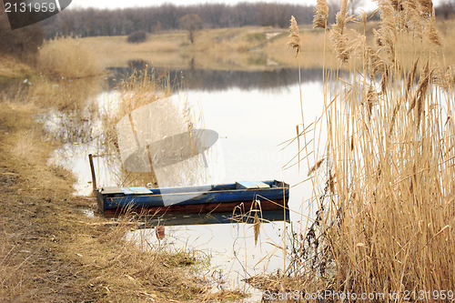 Image of Empty boat at rushy shore