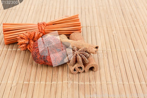 Image of Star Anise and cinnamon on wooden background 
