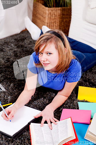 Image of happy teenager girl doing homework 