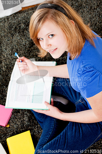 Image of happy teenager girl doing homework 