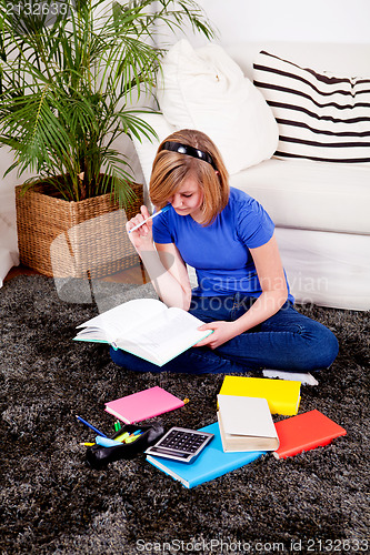 Image of happy teenager girl doing homework 