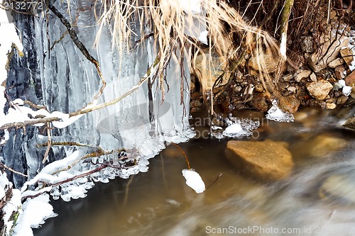 Image of frozen river in a wood shooted in winter