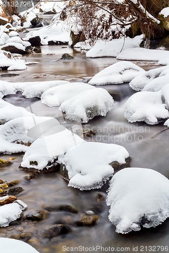 Image of Falls on the small mountain river in a wood shooted in winter