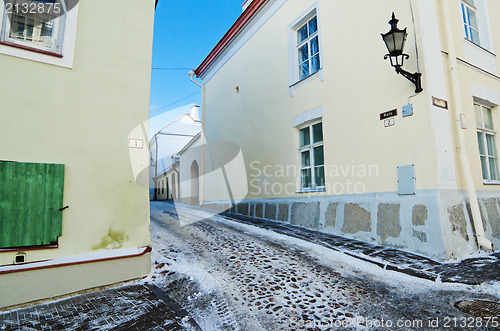 Image of Deserted Street in old town Tallinn frosty morning