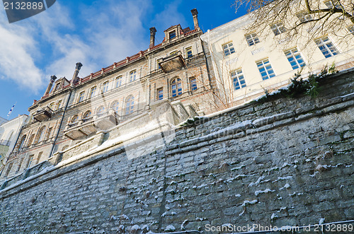 Image of The facade of the historic building in Tallinn frosty morning 