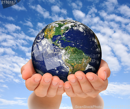 Image of Woman holding globe on her hands, South and North America