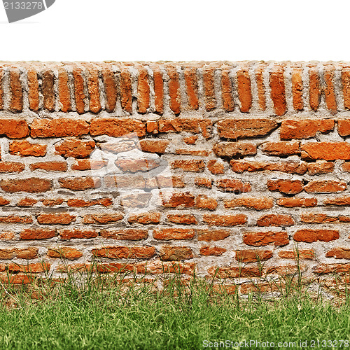 Image of Red brick wall with green grass isolated on white