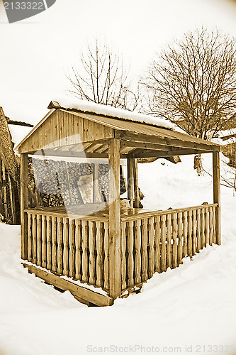 Image of Outdoor porch in winter, vintage