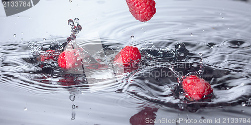 Image of Red Raspberries Dropped into Water with Splash