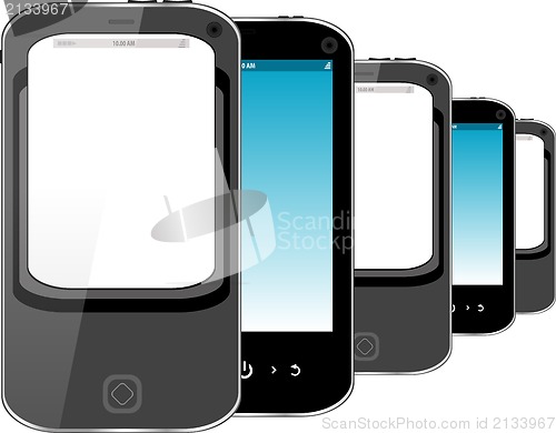 Image of Photo-realistic illustration of different colored smart phones with screen