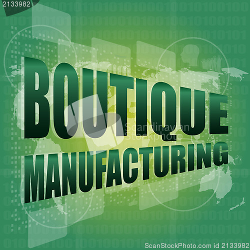 Image of words boutique manufacturing on touch screen technology background