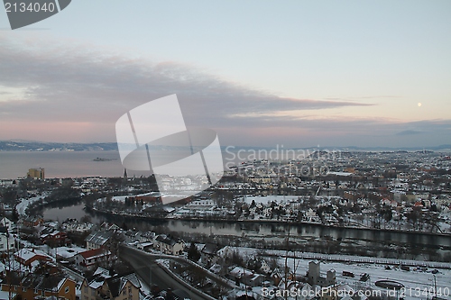 Image of Trondheim in winter at sunset