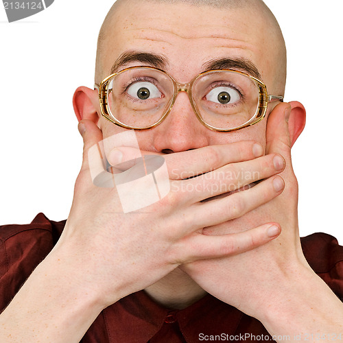 Image of Emotional excited man  keep his mouth closed