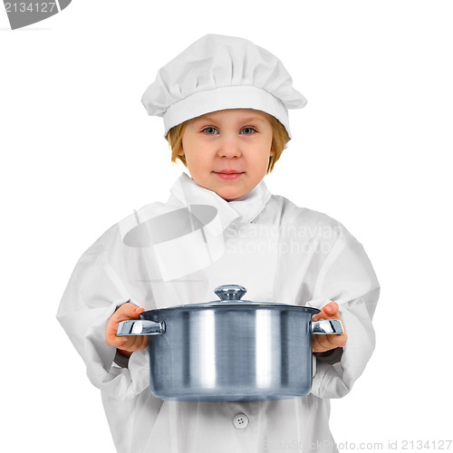 Image of Young cook. Small girl in white suit with saucepan