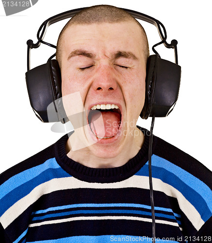 Image of Shout male music lover with big headphones