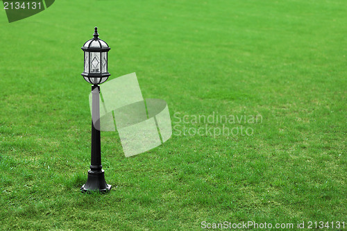 Image of Metal black street lamp on green grass