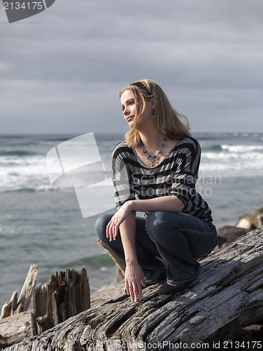 Image of Beautiful Young Blonde Woman on Beach 