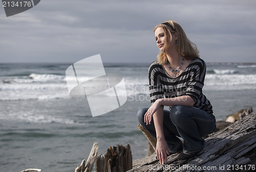Image of Beautiful Young Blonde Woman on Beach 