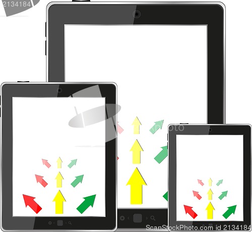 Image of cloud computing concept with tablet PC set and business arrows